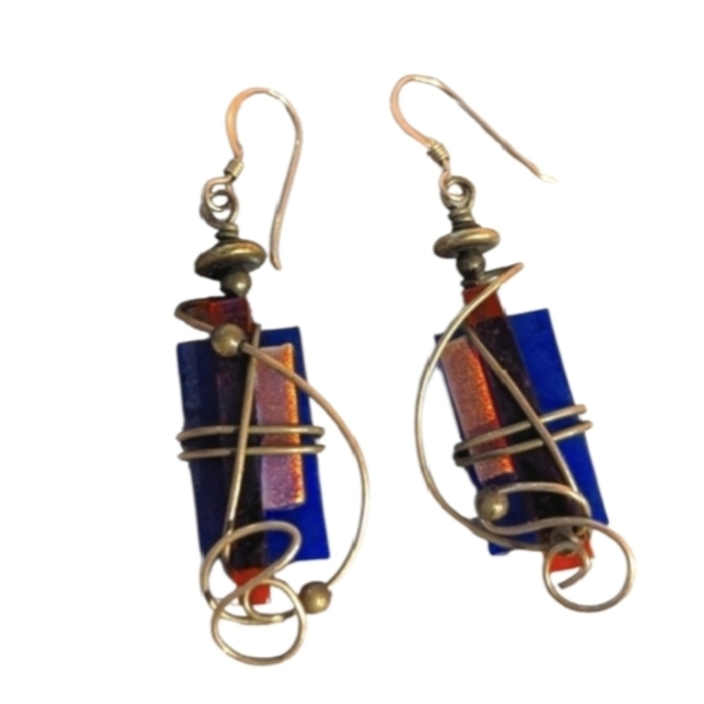 Vintage Handmade Copper Wire Glass Earrings Art To Wear Bohemian Artisan Jewelry